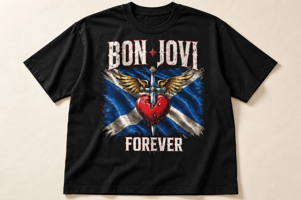 Front artwork detail showing winged heart, sword, Scottish Saltire and Bon Jovi Forever lettering.
