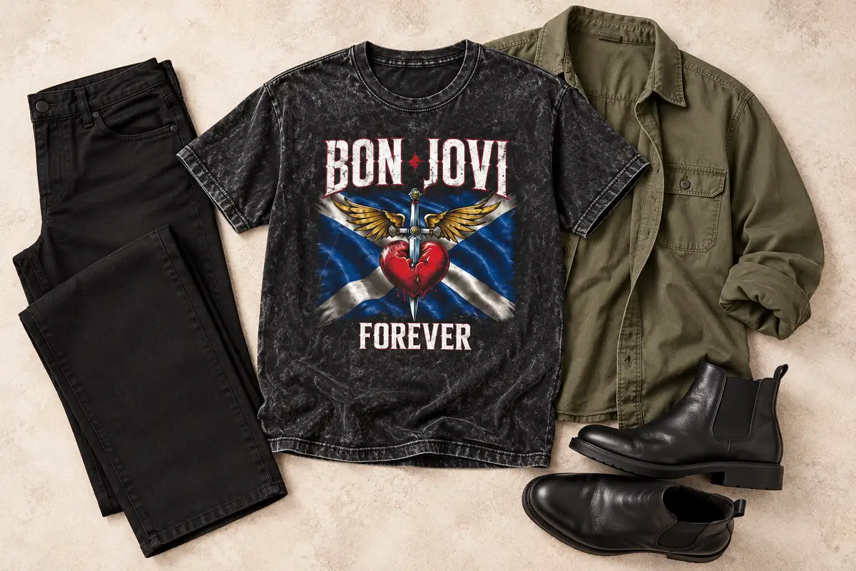 Washed Murrayfield tee styled with black trousers, olive overshirt and black boots.