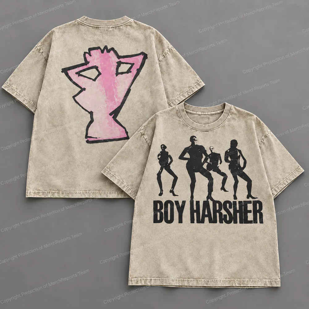 Beige acid washed Boy Harsher T-shirt mockup showing dancing figures on the front and pink face artwork on the back
