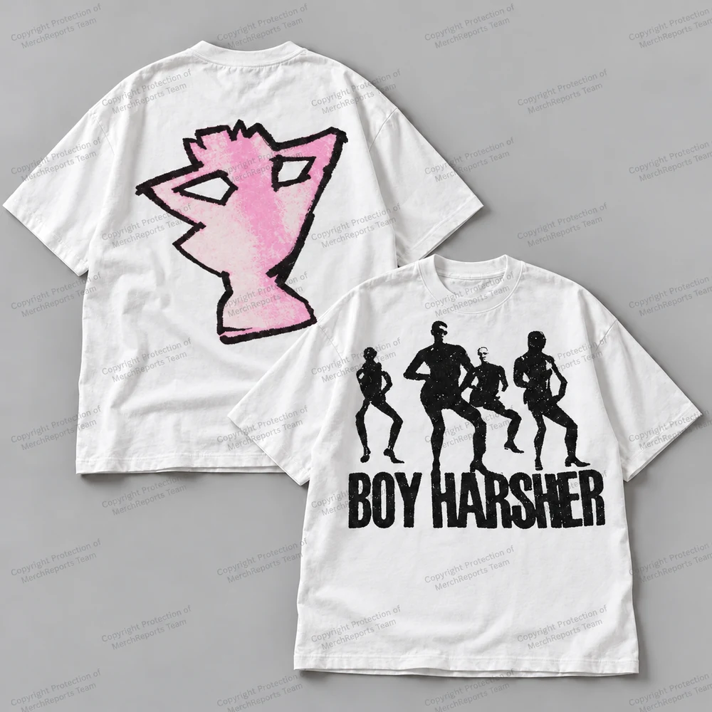 White Boy Harsher T-shirt mockup showing dancing figures on the front and pink face artwork on the back