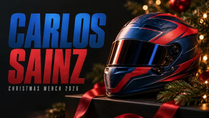 CARLOS SAINZ Christmas merch 2026 editorial cover with a conceptual racing helmet