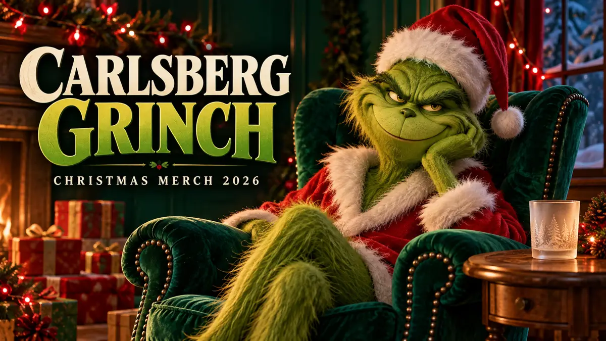 Carlsberg Grinch Christmas merch 2026 editorial illustration