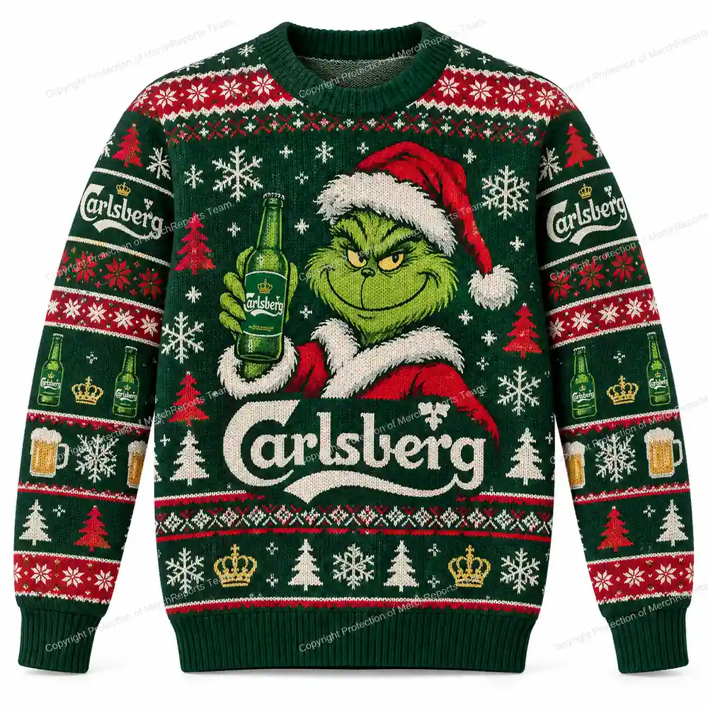 Carlsberg Grinch Santa Beer Bottle Fair Isle Christmas Ugly Sweater Shirt