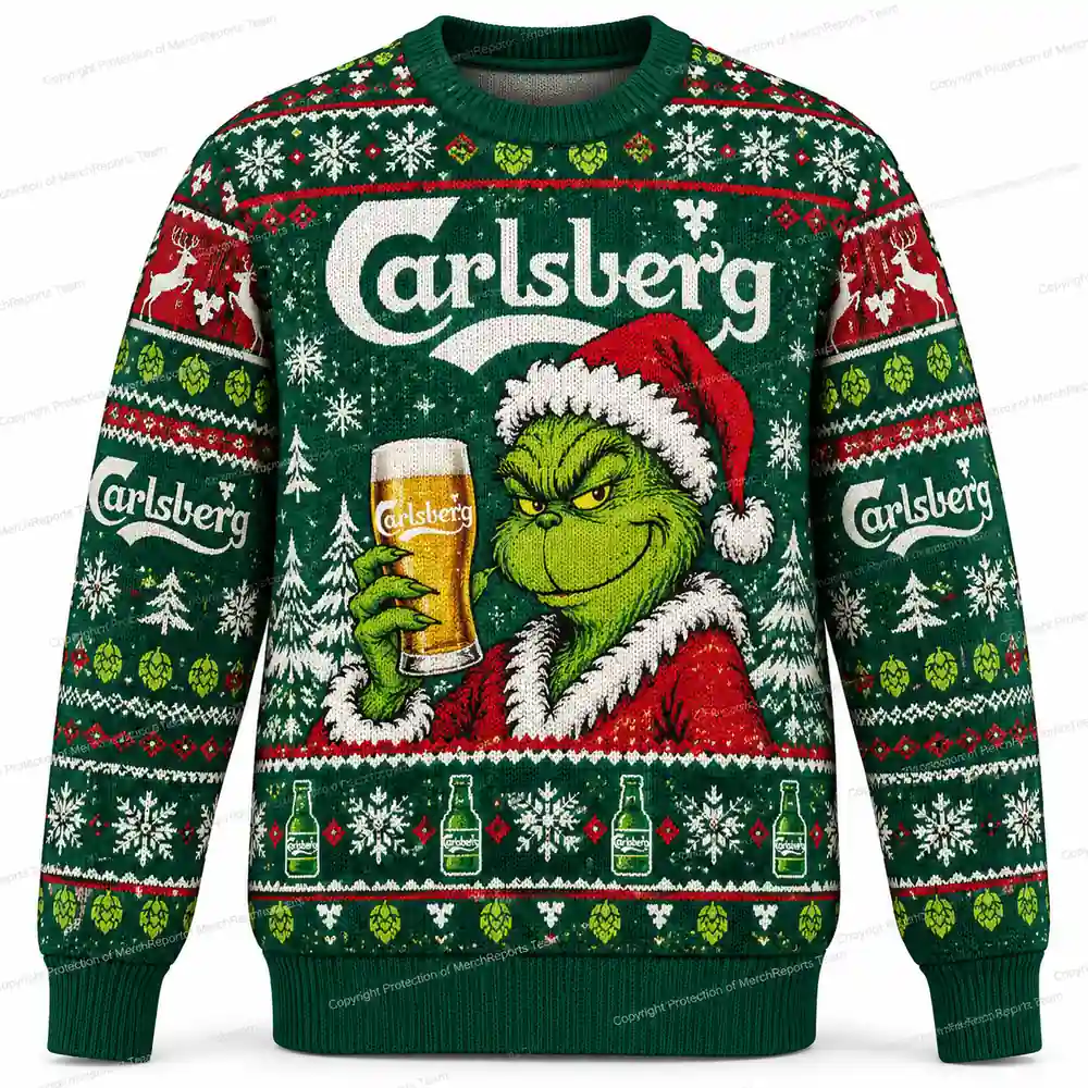 Carlsberg Grinch Santa Beer Glass Fair Isle Christmas Ugly Sweater Shirt