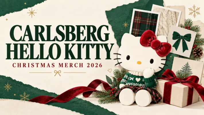 Carlsberg Hello Kitty Christmas merch 2026 editorial illustration