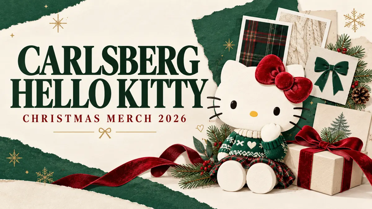Carlsberg Hello Kitty Christmas merch 2026 editorial illustration