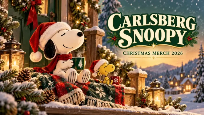 Carlsberg Snoopy Christmas merch 2026 editorial illustration