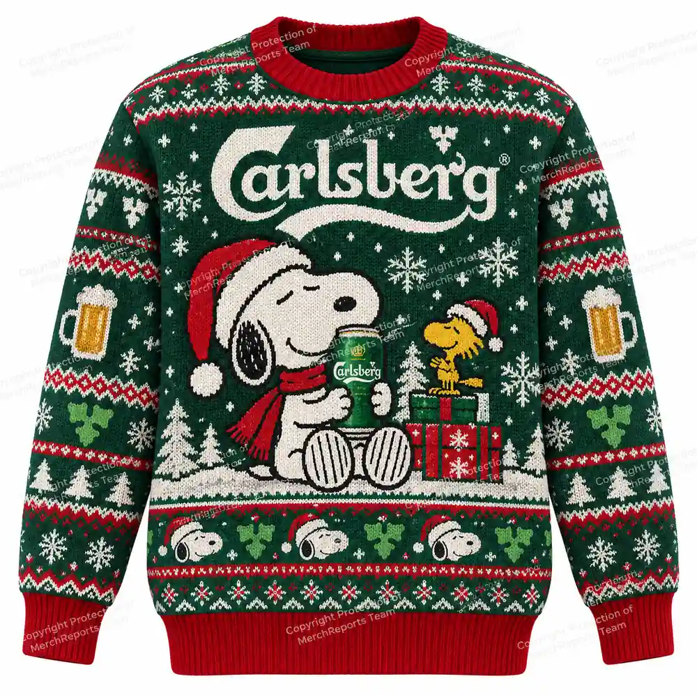 Carlsberg Snoopy Woodstock Santa Hat Snowflake Christmas 2026 Ugly Sweater Shirt