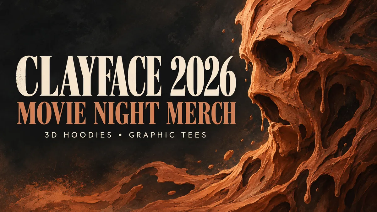 Clayface 2026 movie night merch lettering beside an abstract melting clay face