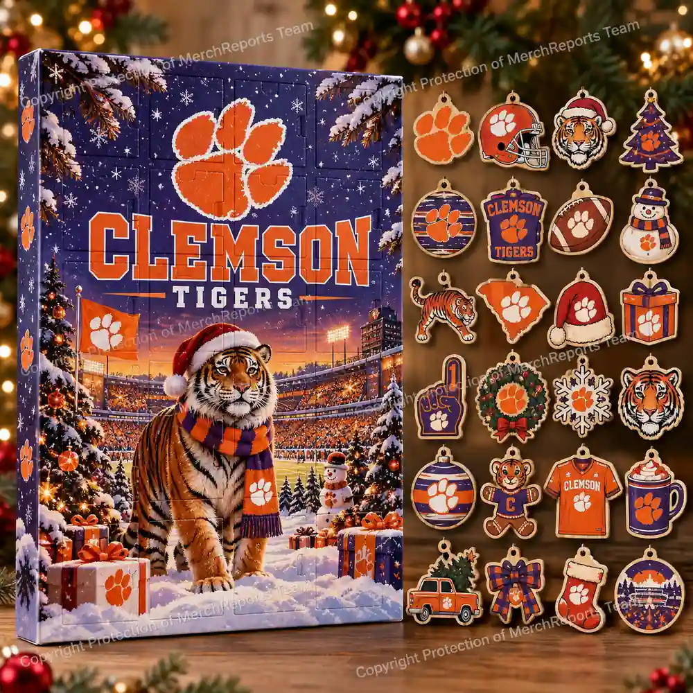 Clemson Tigers NCAA Tiger Paw Christmas 24-Ornaments Wooden Advent Calendar