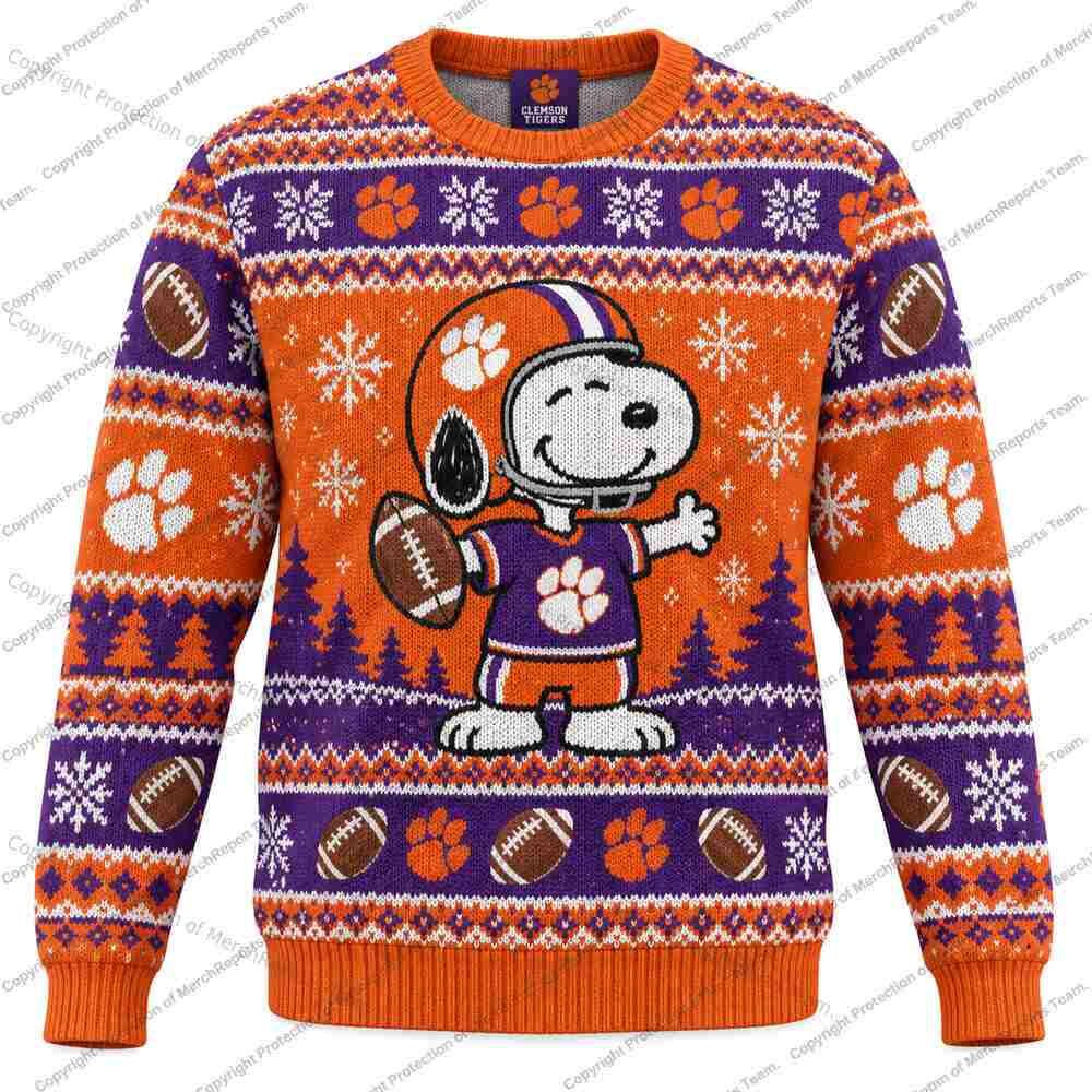 Clemson Tigers Snoopy Football Ugly Christmas Sweater Holiday Fan Gift