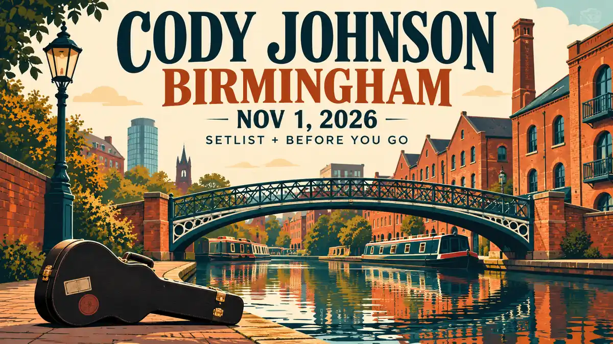 Editorial illustration for Cody Johnson in Birmingham on November 1, 2026, with concert guide lettering