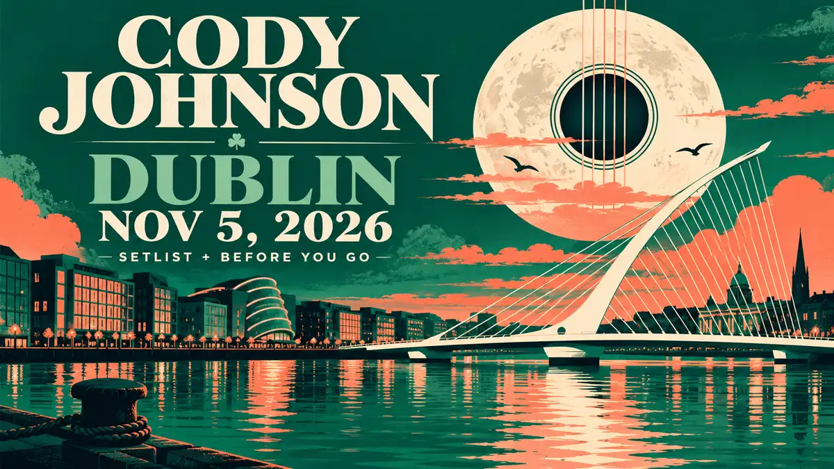 Editorial illustration for Cody Johnson in Dublin on November 5, 2026, with concert guide lettering