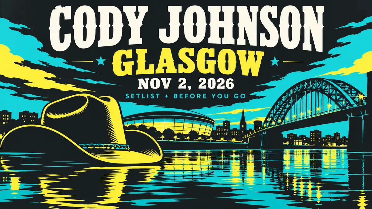 Editorial illustration for Cody Johnson in Glasgow on November 2, 2026, with concert guide lettering