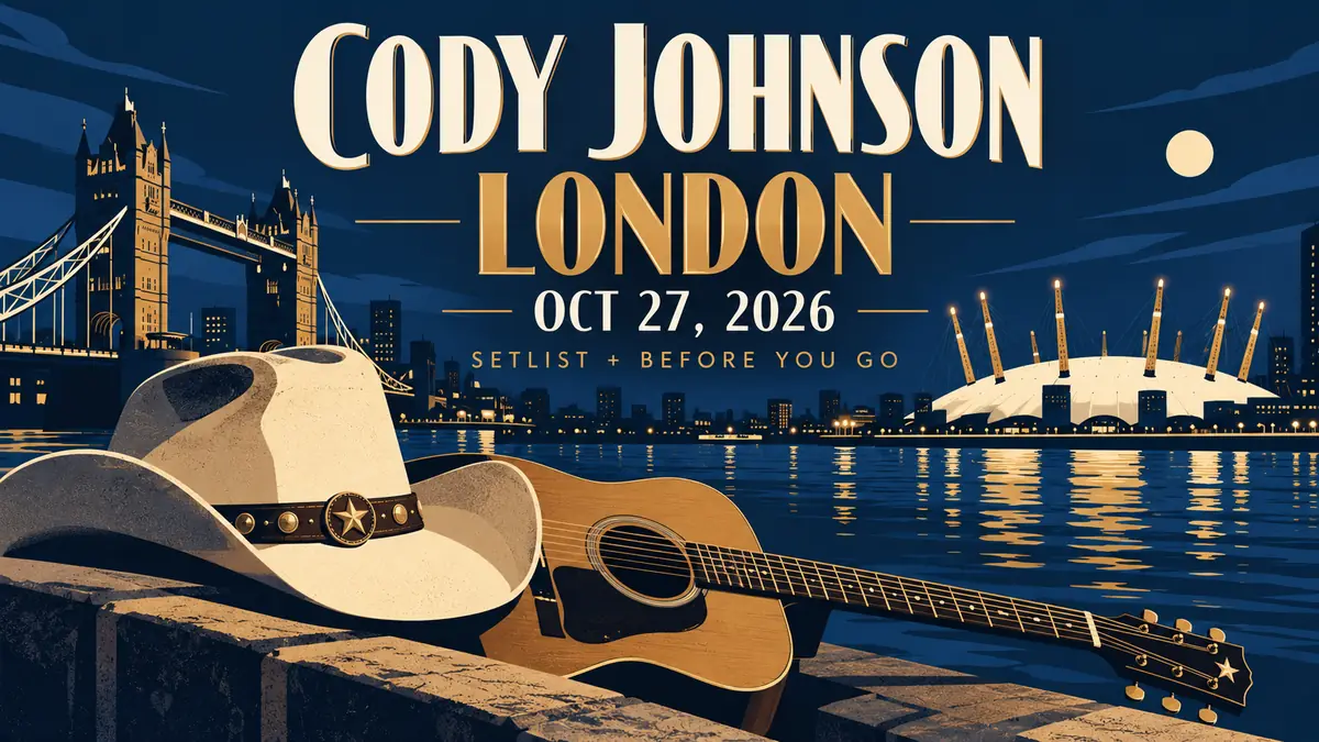 Editorial illustration for Cody Johnson in London on October 27, 2026, with concert guide lettering