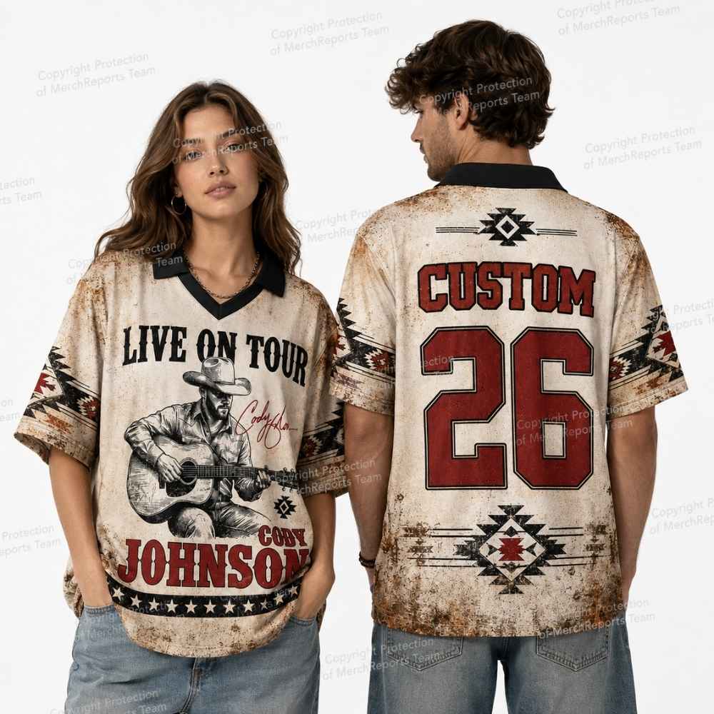 Cream Cody Johnson jersey with a guitarist portrait, dark V-neck trim and large red back number