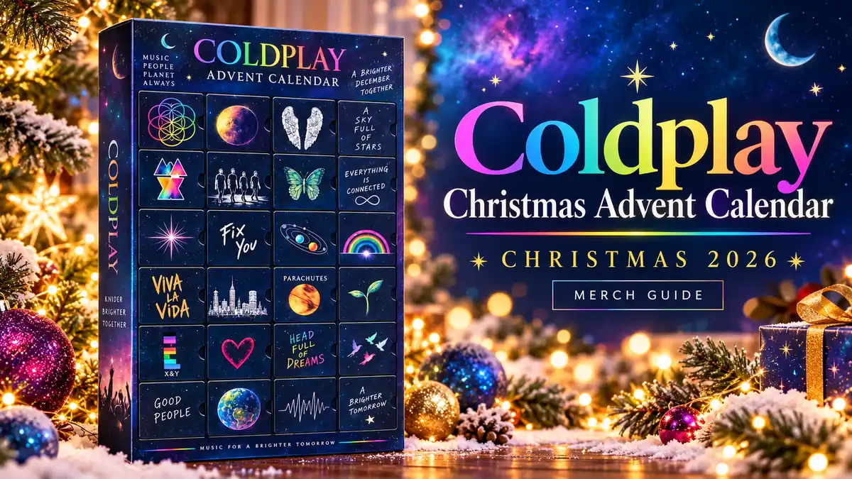 Coldplay Christmas Advent Calendar product artwork with Christmas 2026 merch guide title