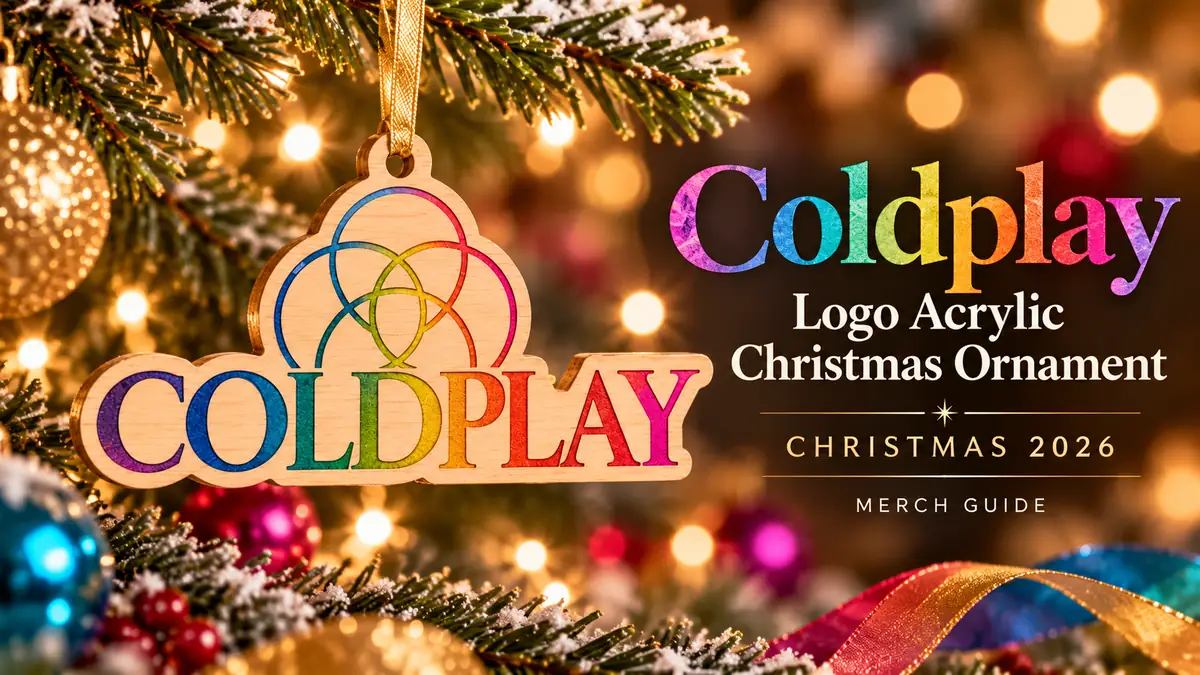 Coldplay Logo Acrylic Christmas Ornament product artwork with Christmas 2026 merch guide title