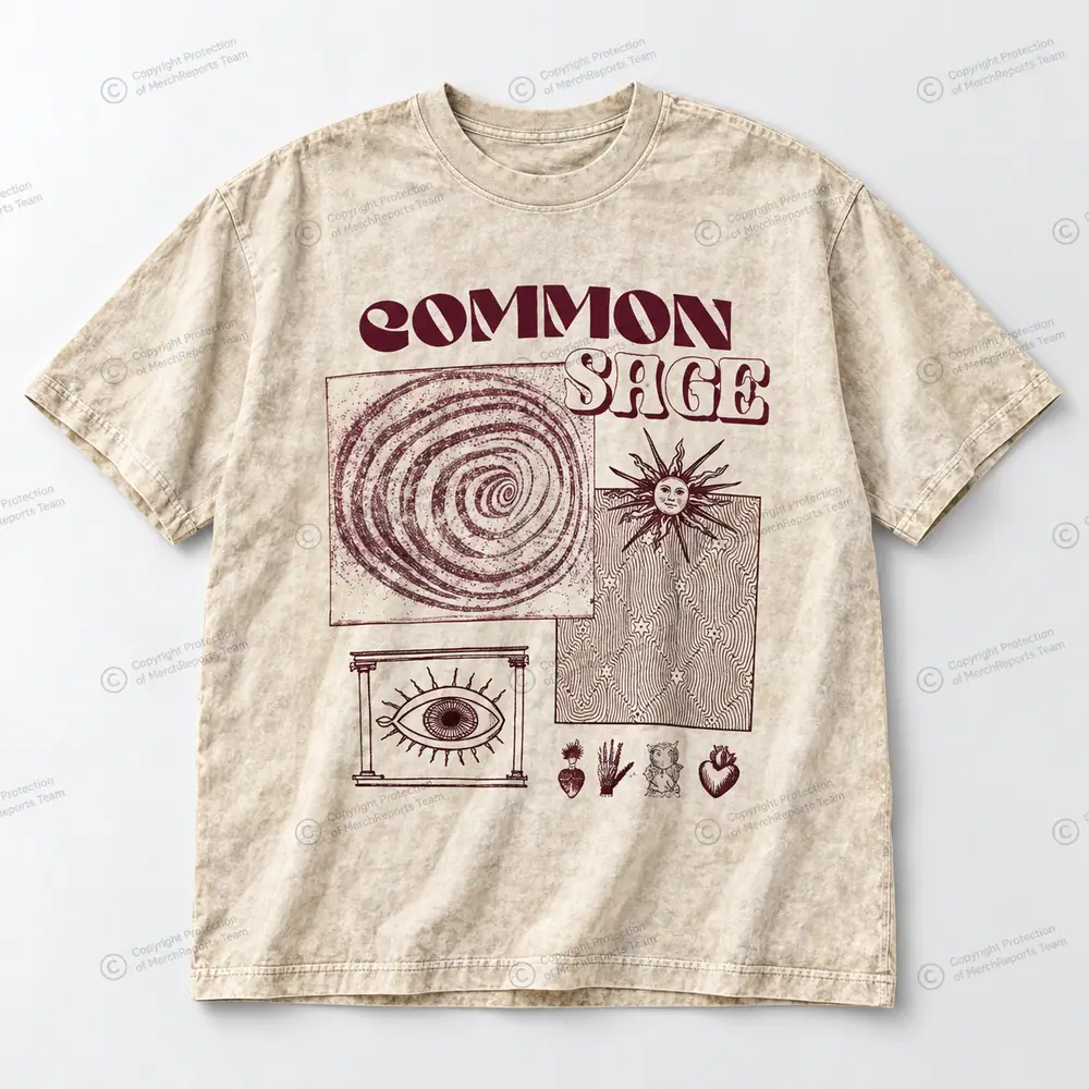 Spiral Sun & Eye — washed tee — Common Sage product mockup