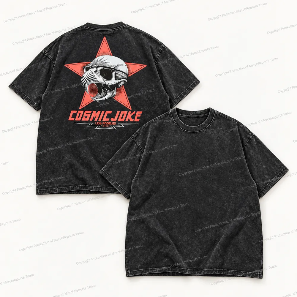 Cosmic Joke skull-star back print on an acid-washed black tee.