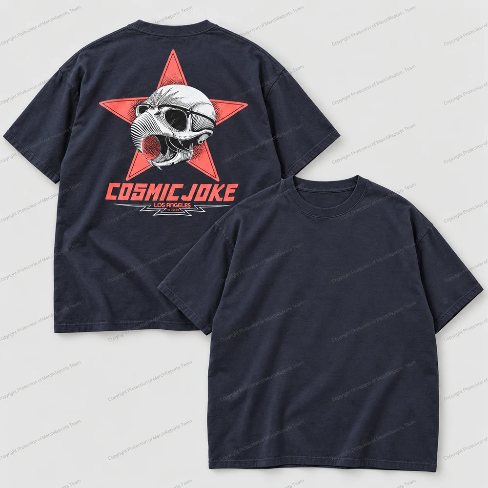 Cosmic Joke standard tee with skull-star back print and plain front.