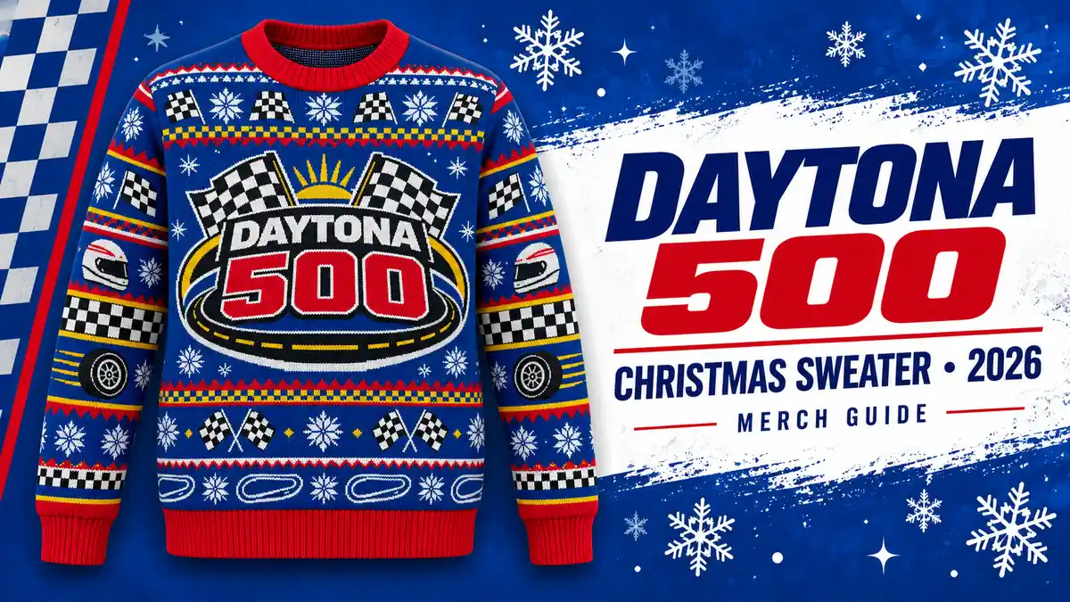 Daytona 500 Racing Logo Ugly Christmas Sweater artwork and 2026 merch guide title