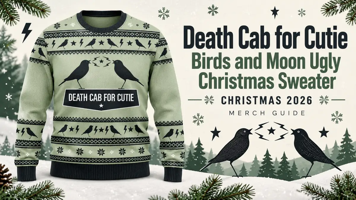 Death Cab for Cutie Birds and Moon Ugly Christmas Sweater product artwork with Christmas 2026 merch guide title