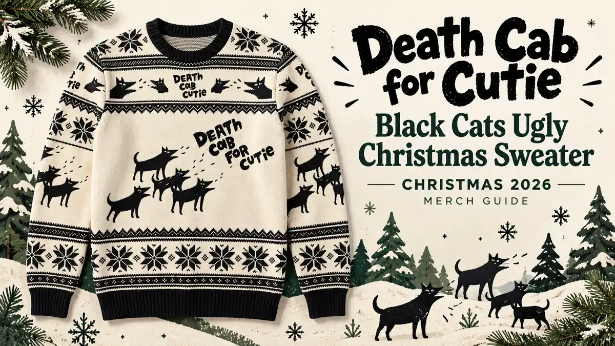 Death Cab for Cutie Black Cats Ugly Christmas Sweater product artwork with Christmas 2026 merch guide title