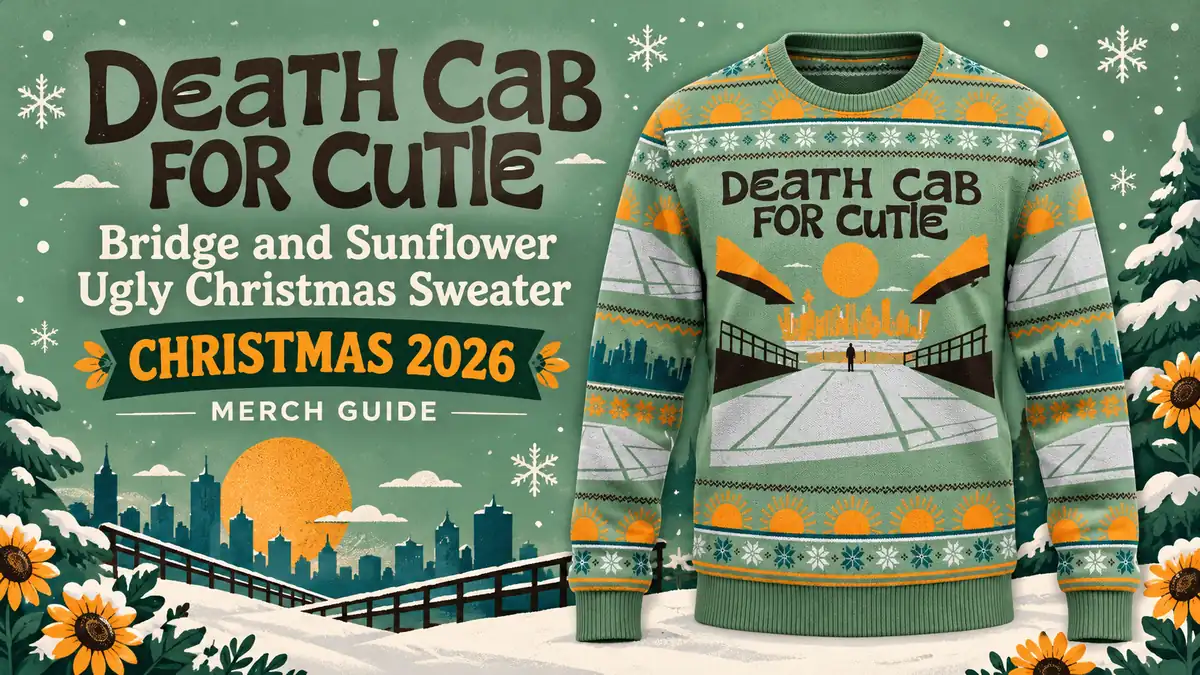 Death Cab for Cutie Bridge and Sunflower Ugly Christmas Sweater product artwork with Christmas 2026 merch guide title