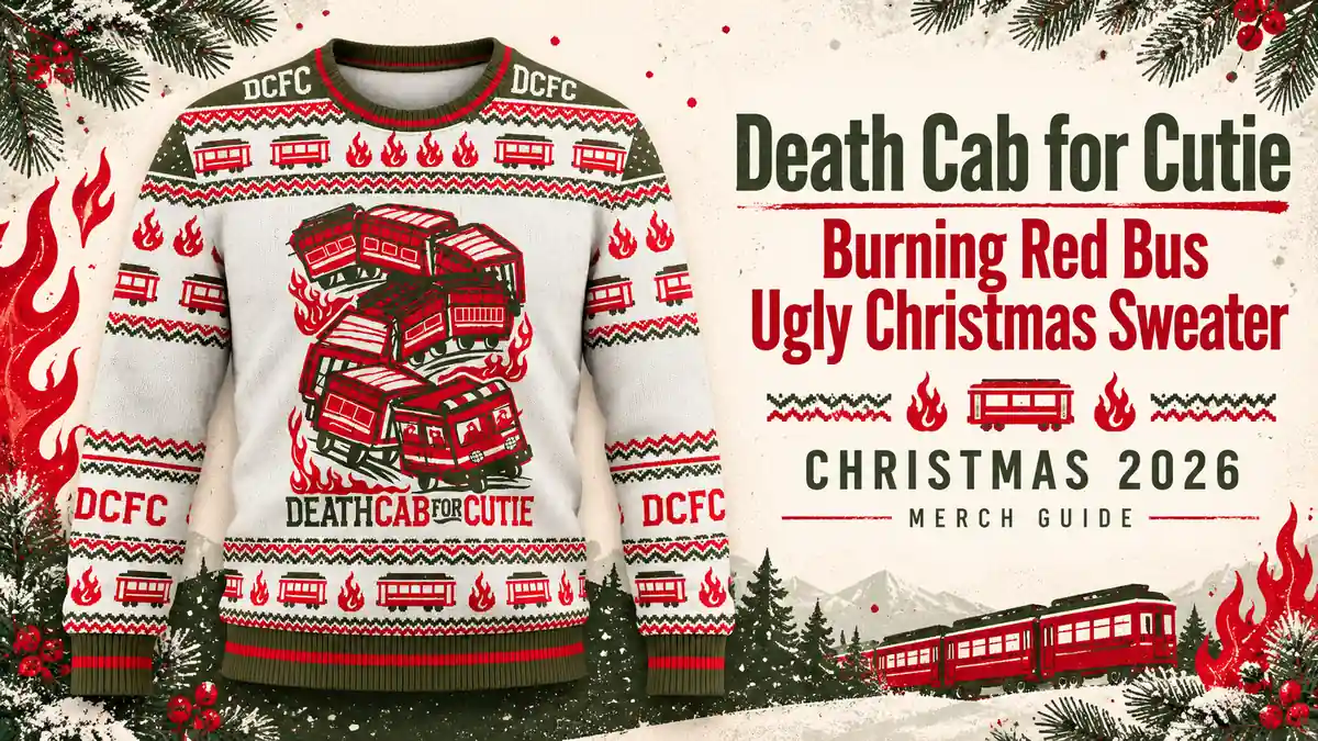 Death Cab for Cutie Burning Red Bus Ugly Christmas Sweater product artwork with Christmas 2026 merch guide title