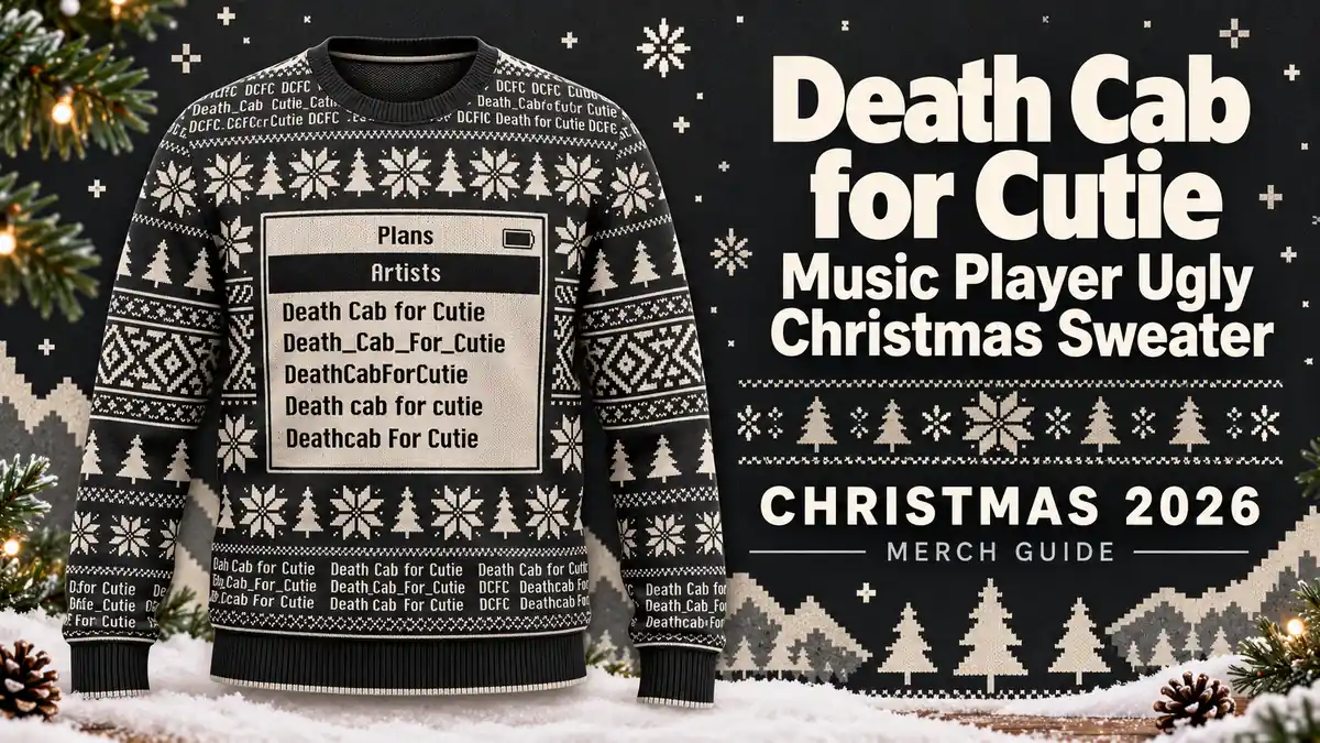 Death Cab for Cutie Music Player Ugly Christmas Sweater product artwork with Christmas 2026 merch guide title