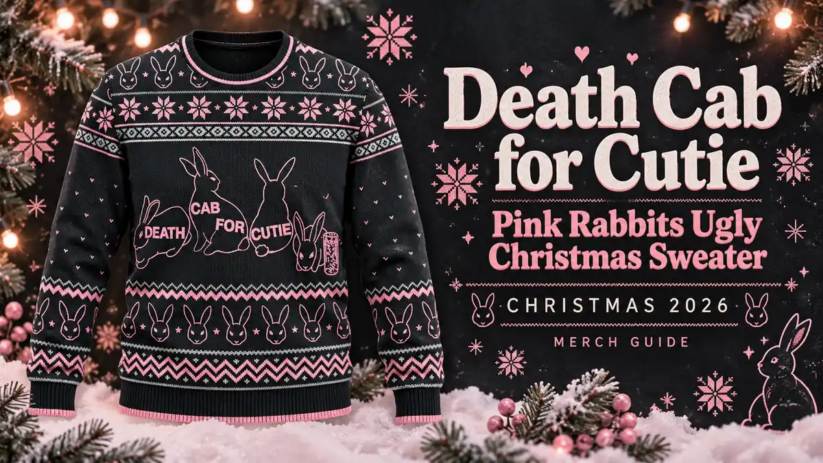 Death Cab for Cutie Pink Rabbits Ugly Christmas Sweater product artwork with Christmas 2026 merch guide title