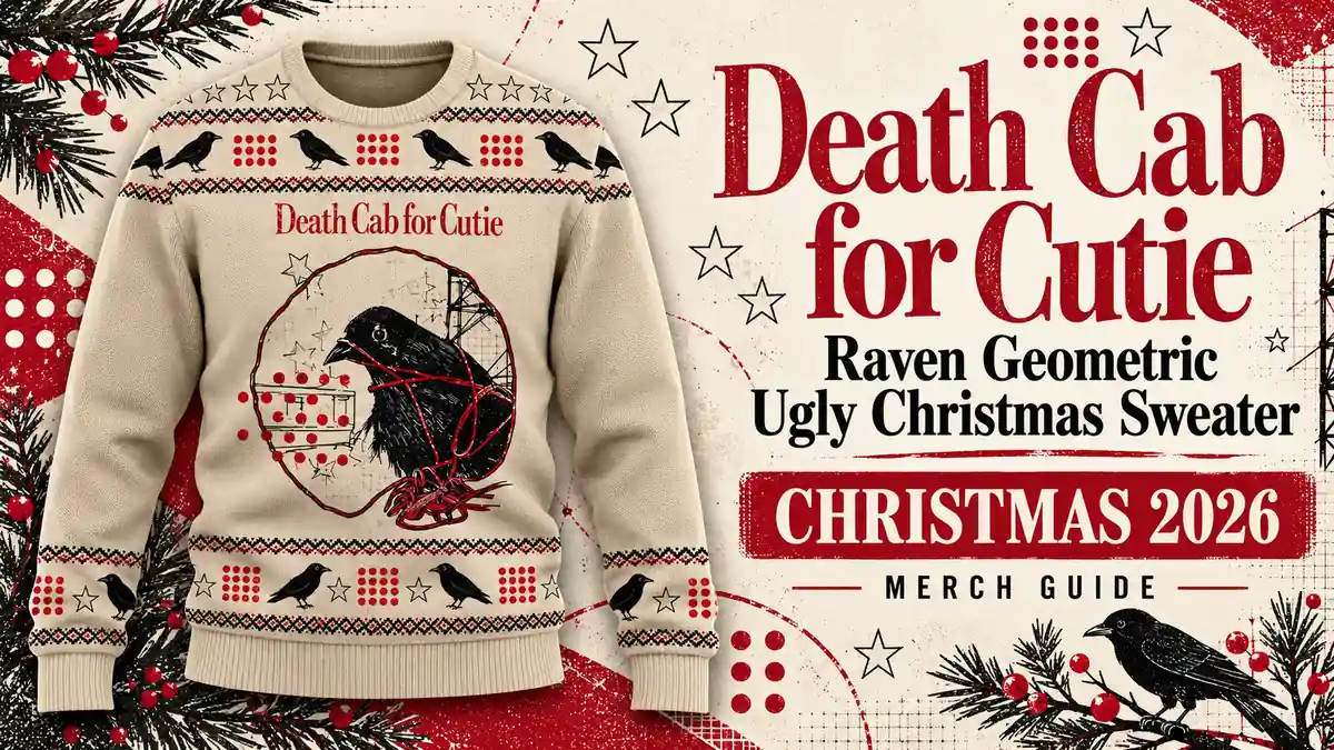 Death Cab for Cutie Raven Geometric Ugly Christmas Sweater product artwork with Christmas 2026 merch guide title