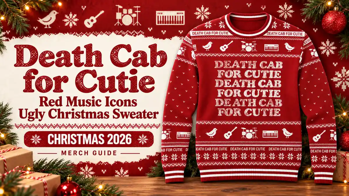 Death Cab for Cutie Red Music Icons Ugly Christmas Sweater product artwork with Christmas 2026 merch guide title