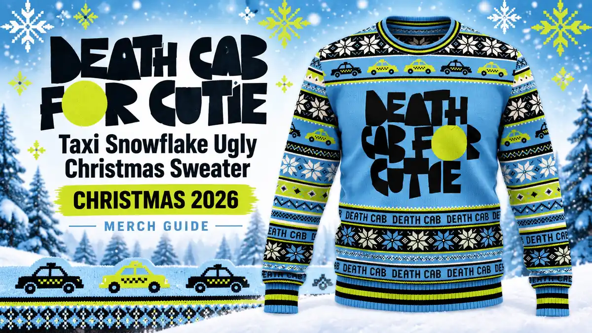 Death Cab for Cutie Taxi Snowflake Ugly Christmas Sweater product artwork with Christmas 2026 merch guide title