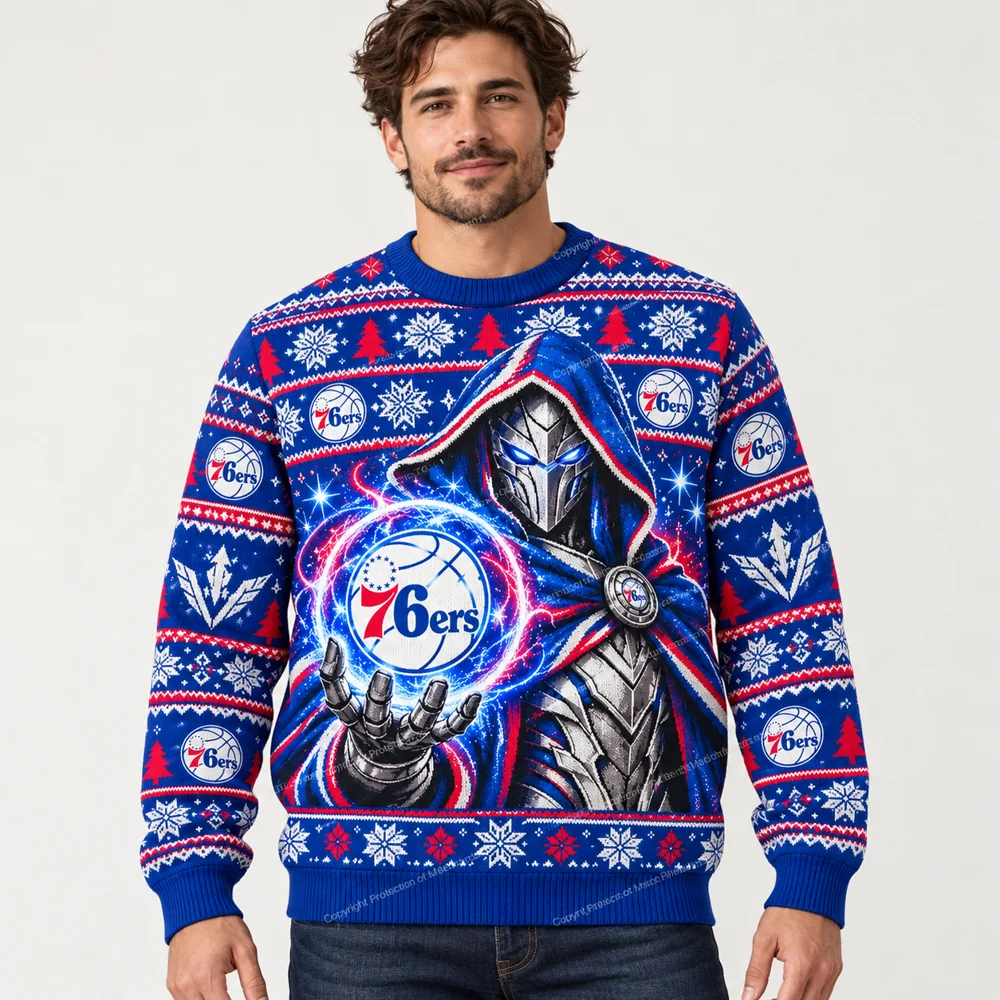 Editorial styling mockup of the Philadelphia 76ers blue and red Christmas sweater