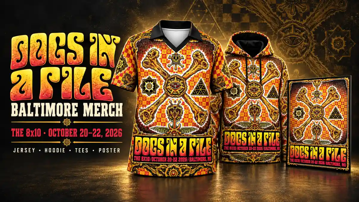 Dogs in a Pile Baltimore jersey, hoodie and poster with gold and red psychedelic artwork