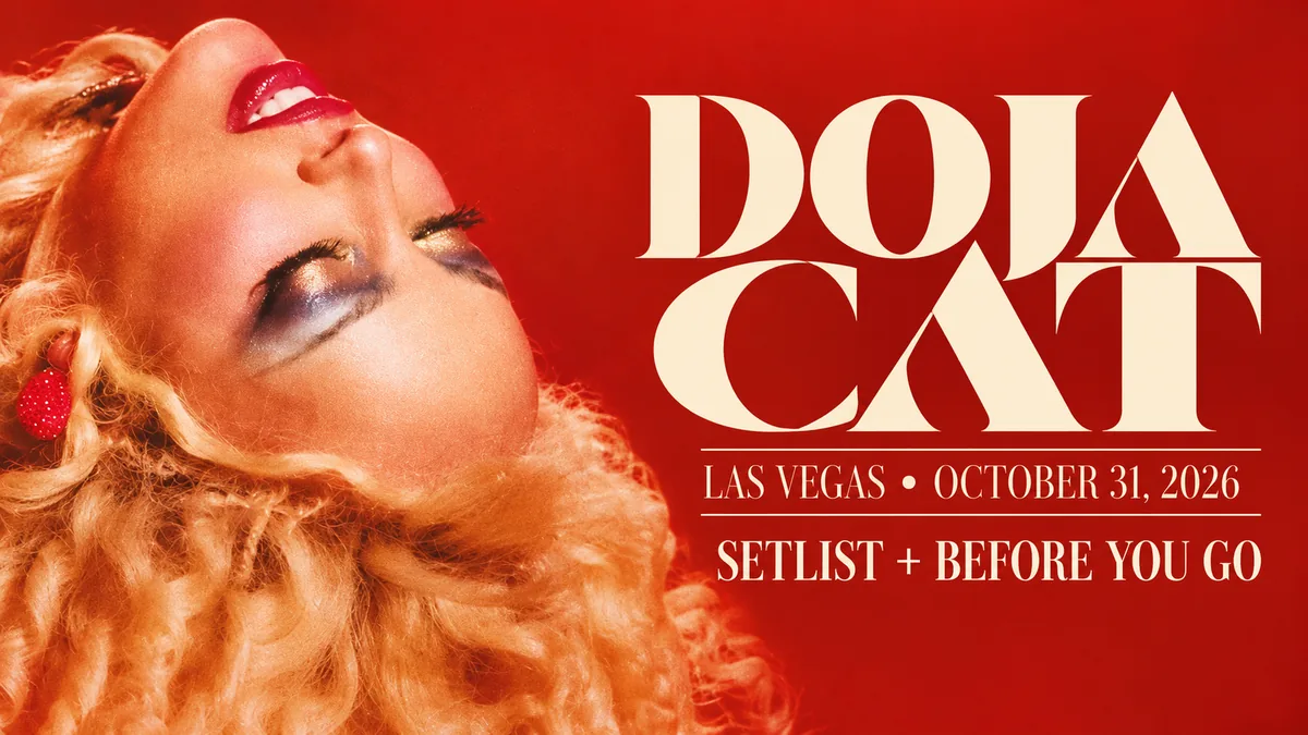 Doja Cat portrait in red and gold with October 31 Las Vegas show guide title