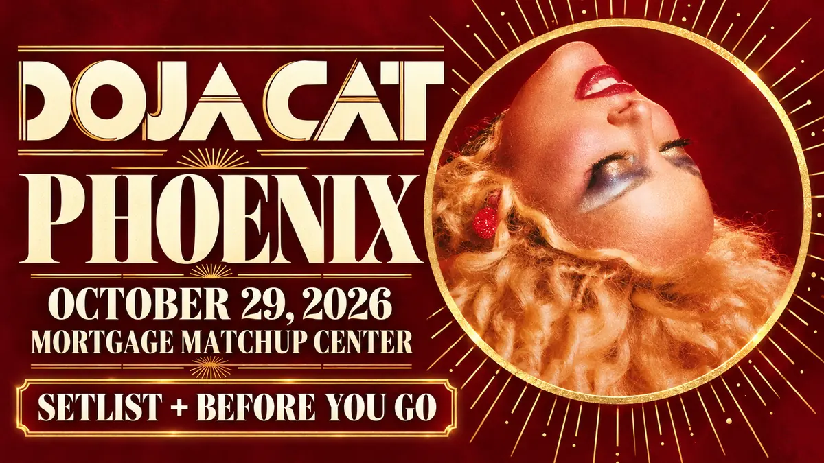 Doja Cat portrait with Phoenix, Mortgage Matchup Center and October 29, 2026 setlist guide title