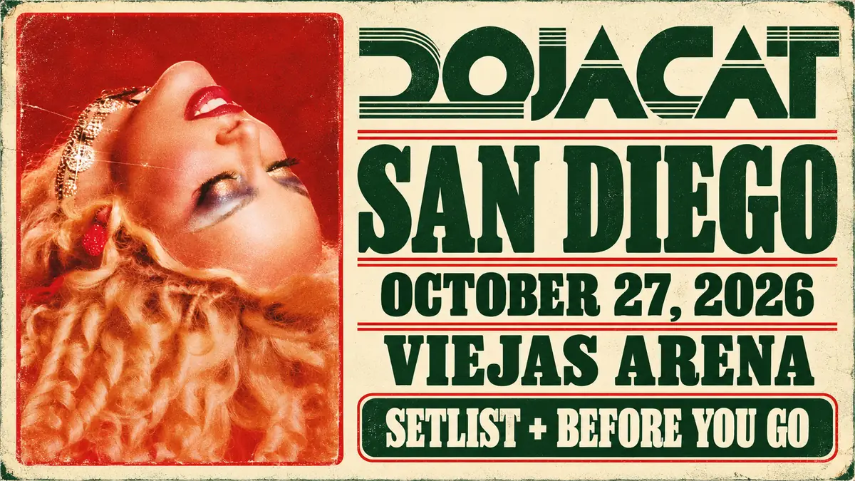 Doja Cat portrait with San Diego, Viejas Arena and October 27, 2026 setlist guide title
