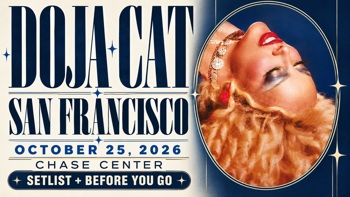 Doja Cat portrait with San Francisco, Chase Center and October 25, 2026 setlist guide title