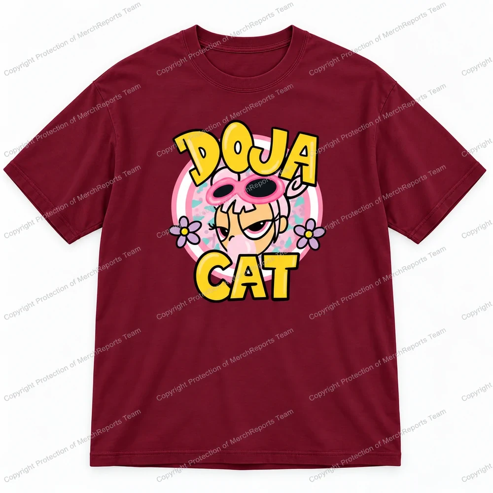 Doja Cat skull-hat graphic on a burgundy cotton T-shirt