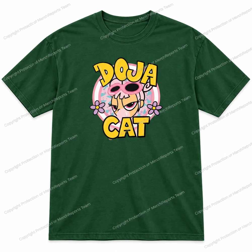 Doja Cat skull-hat graphic on a forest green cotton T-shirt