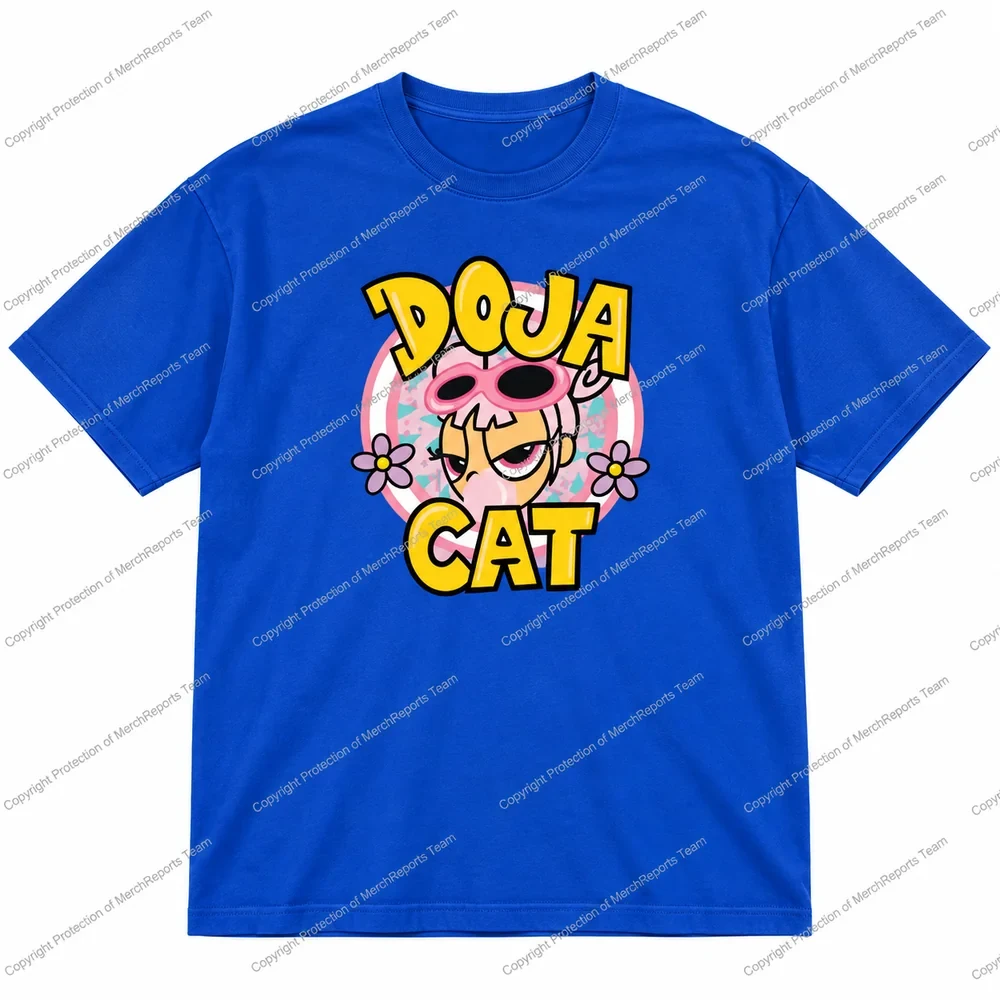 Doja Cat skull-hat graphic on a royal blue cotton T-shirt