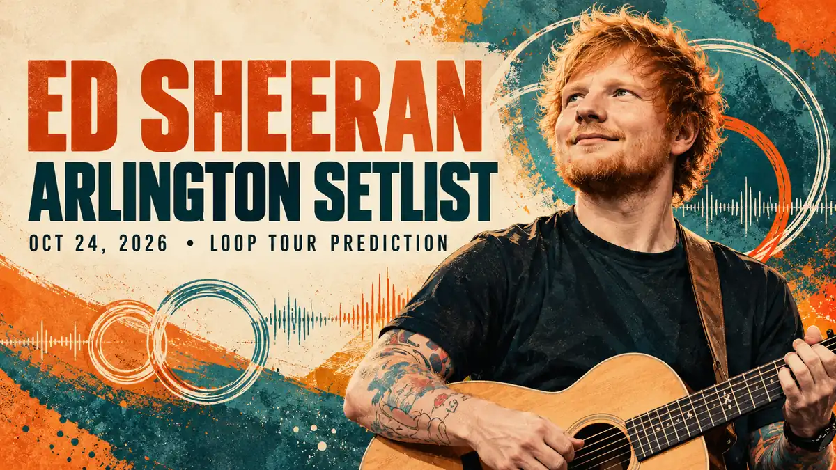 Illustrated Ed Sheeran portrait with guitar and Arlington setlist prediction title for October 24, 2026
