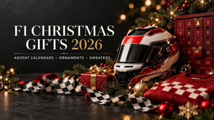F1 Christmas gifts 2026 editorial scene with racing helmet and advent calendar