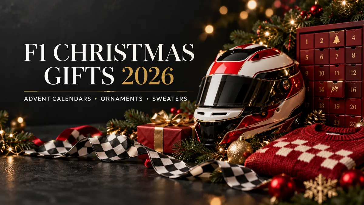F1 Christmas gifts 2026 editorial scene with racing helmet and advent calendar