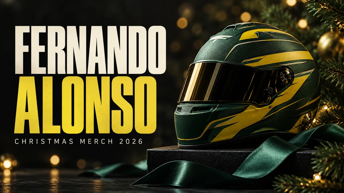 FERNANDO ALONSO Christmas merch 2026 editorial cover with a conceptual racing helmet