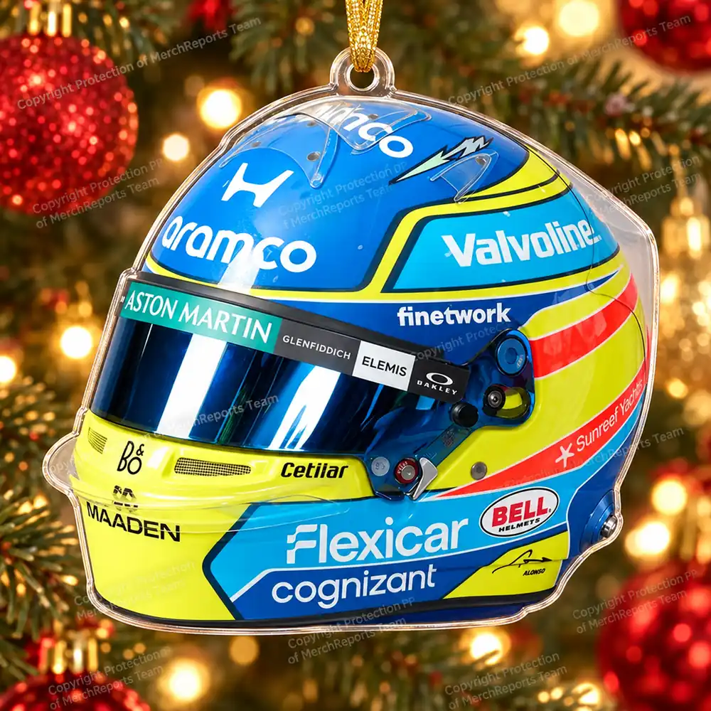 Fernando Alonso Aston Martin F1 2026 Blue Yellow Helmet Acrylic Christmas Ornament Fan Gift