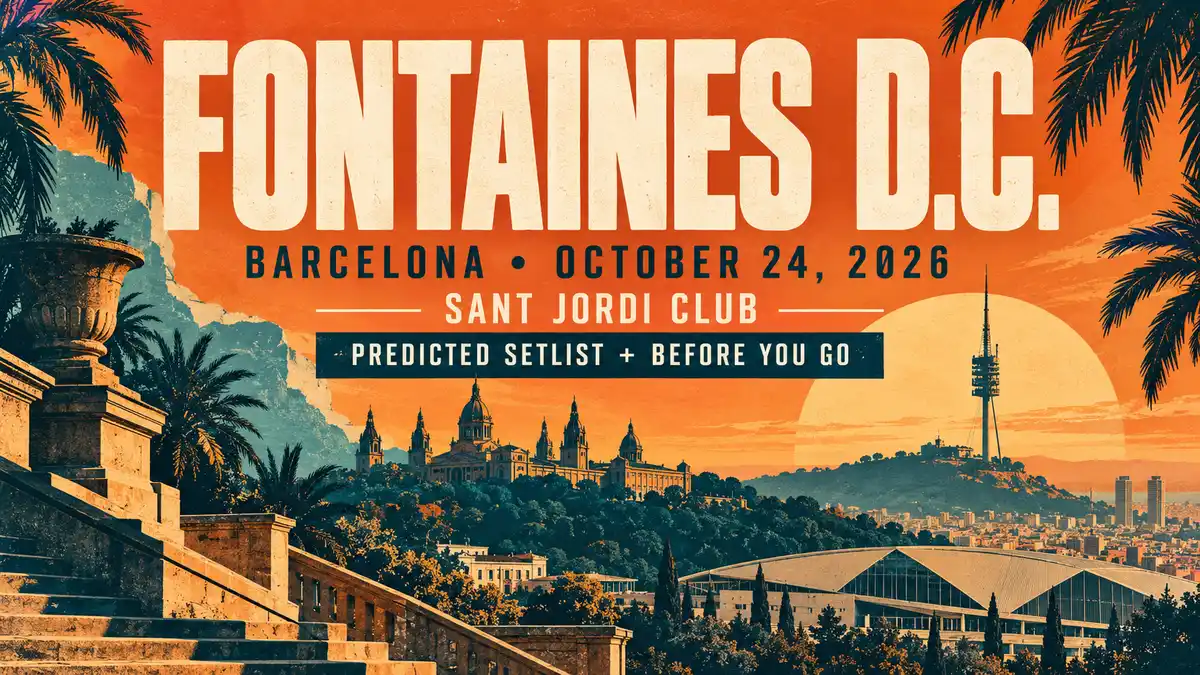 Fontaines D.C. Barcelona October 24, 2026 concert guide artwork with stylized city details.